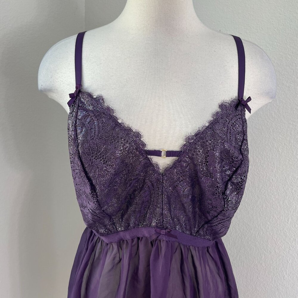 NEW Cacique Womens Plus 22/24 Purple Metallic Sheer Lace Babydoll Lingerie Set - Picture 9 of 14